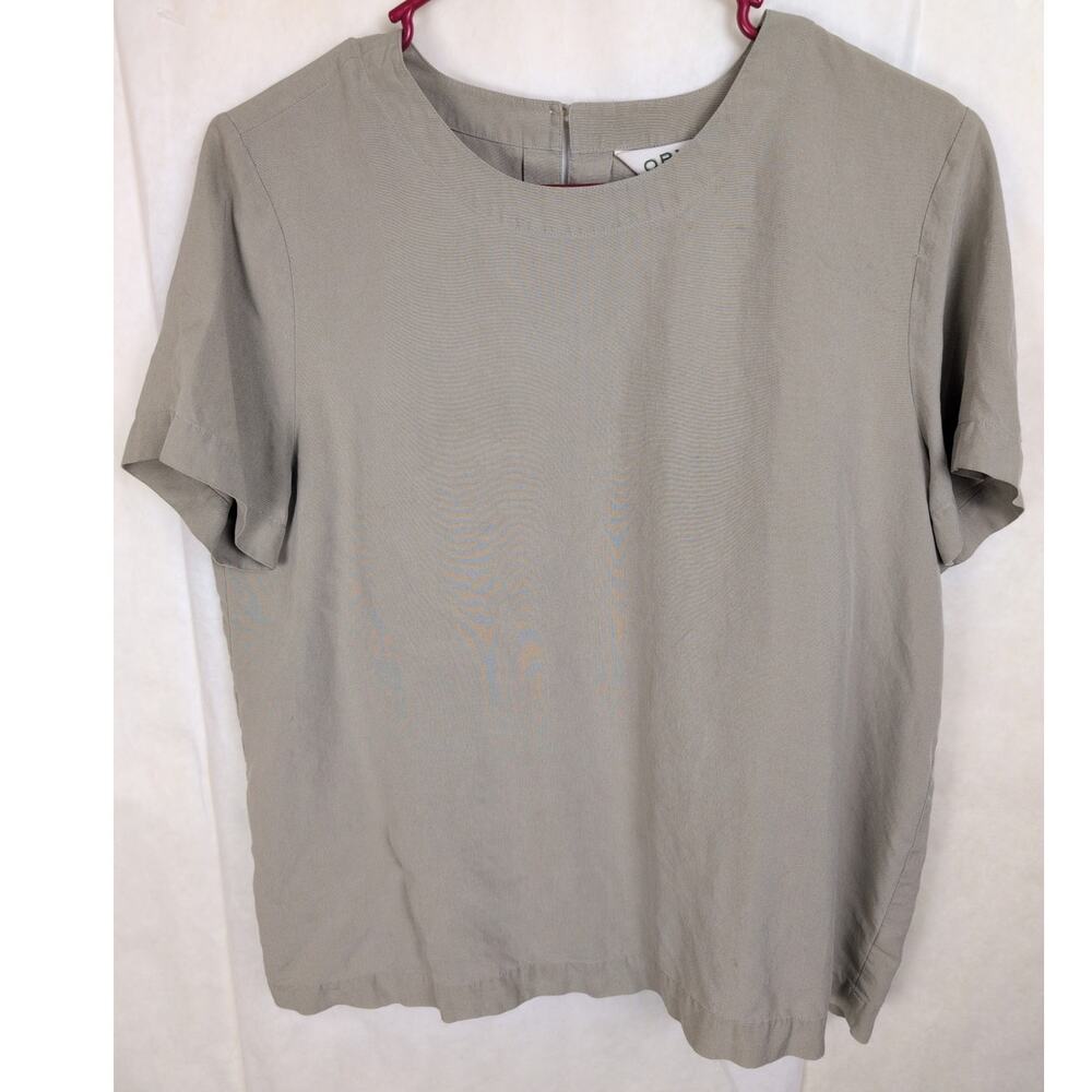 Orvis green silk boxy shirt Size Med Classic Layer Minimal Lagenlook Granola